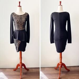 bebe Black Lace Peplum Body Con Long Sleeve Dress Size XS